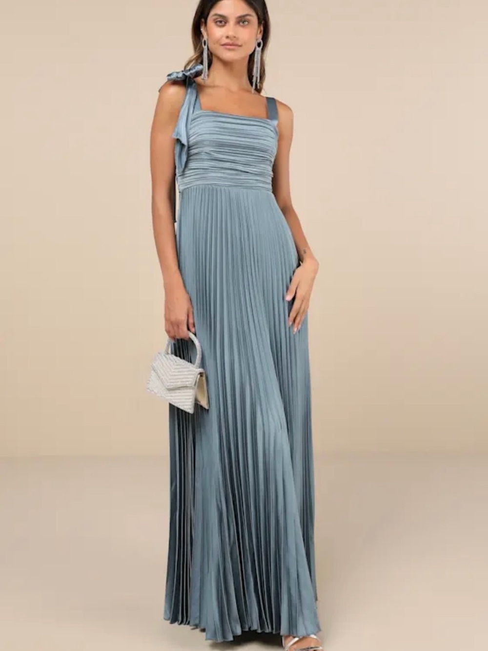 NWT Lulus Gorgeous Purpose slate satin pleated maxi dress